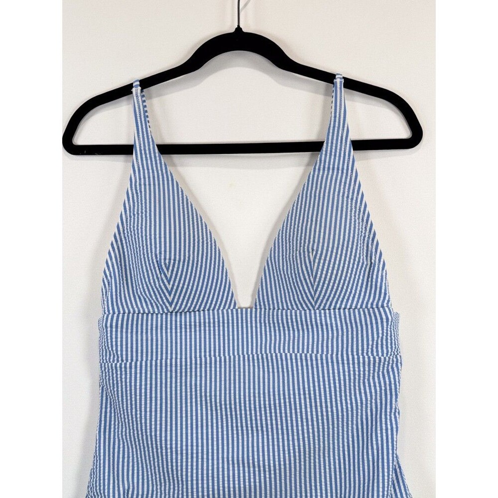 J Crew Womens Swimsuit Blue Seersucker Plunge V Neck Flattering One Piece Size 8 - Picture 7 of 9